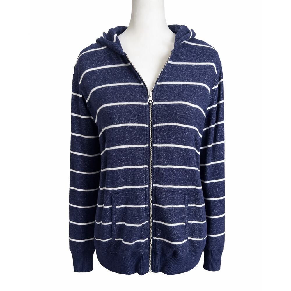Market & Spruce Blue White Stripe Zip Up Hoodie Women's M Soft Relaxed Pockets